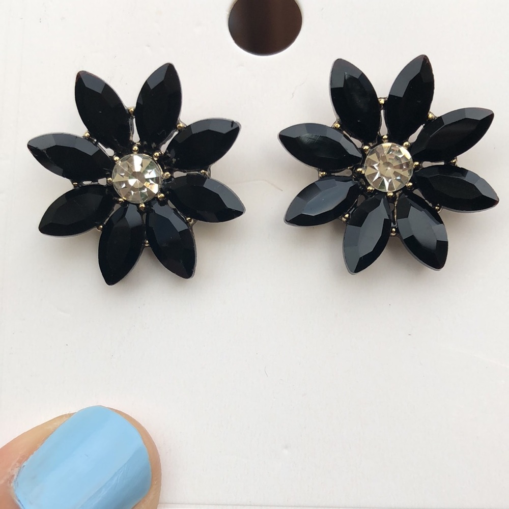Black + Gold Crystal Flower Statement Earrings - image 3